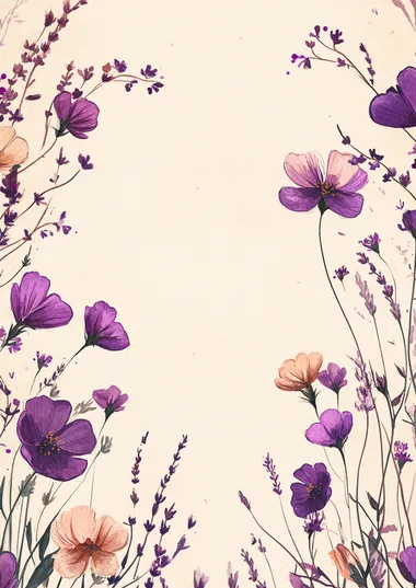 Watercolor painting of purple wildflowers creating a frame with copy space in the center on a beige background, featuring lavender colors, a soft and delicate style, clean lines, and a minimalistic design. This artwork has a clipart-like aesthetic.