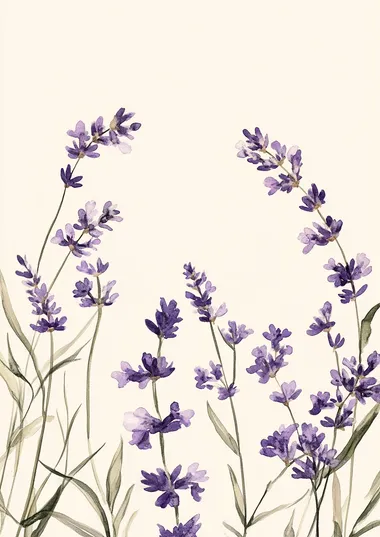 Watercolor painting of purple wildflowers creating a frame with copy space in the center on a beige background, featuring lavender colors, a soft and delicate style, clean lines, and a minimalistic design. This artwork has a clipart-like aesthetic.