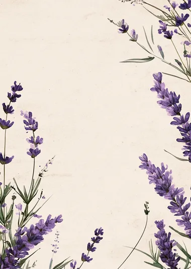 Watercolor painting of purple wildflowers creating a frame with copy space in the center on a beige background, featuring lavender colors, a soft and delicate style, clean lines, and a minimalistic design. This artwork has a clipart-like aesthetic.