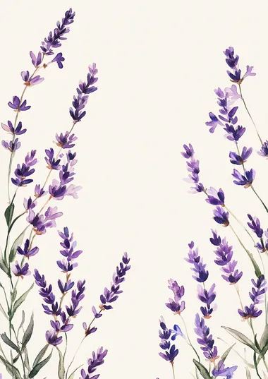 Watercolor painting of purple wildflowers creating a frame with copy space in the center on a beige background, featuring lavender colors, a soft and delicate style, clean lines, and a minimalistic design. This artwork has a clipart-like aesthetic.