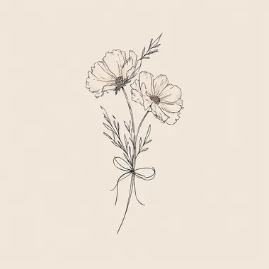 two flower heads tied together with a line bow, stem, branch, leaves, outline only, black and white, minimalist, line art style, simple and elegant composition rofile a9fo4nr  --raw