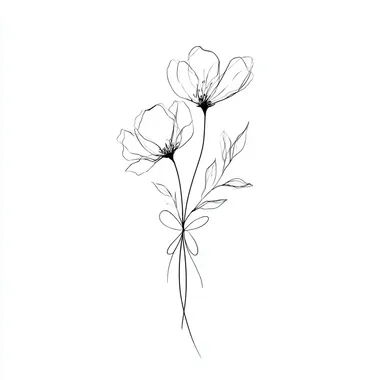 two flower heads tied together with a line bow, stem, branch, leaves, outline only, black and white, minimalist, line art style, simple and elegant composition rofile a9fo4nr  --raw