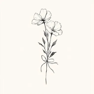 two flower heads tied together with a line bow, stem, branch, leaves, outline only, black and white, minimalist, line art style, simple and elegant composition rofile a9fo4nr  --raw
