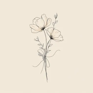 two flower heads tied together with a line bow, stem, branch, leaves, outline only, black and white, minimalist, line art style, simple and elegant composition rofile a9fo4nr  --raw