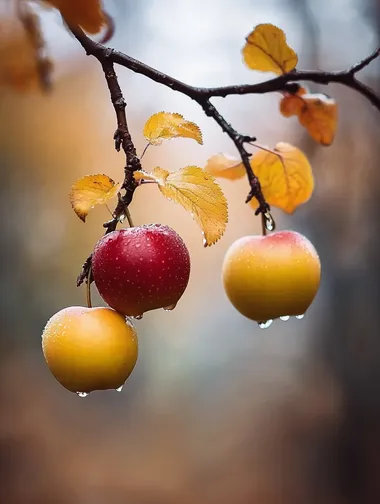 In the rain, autumn, apples are ripe, a few apples hang upside down from the branches, yellowing small leaves, crystal clear small dew, soft colors, large aperture, small depth of field, macro, soft light, woods blurred background, autumn, apples are ripe, a few apples hang upside down from the branches, yellowing small leaves, crystal clear small dew, soft colors, large aperture, small depth of field, macro, soft light, woods blurred background, autumn, apples are ripe, a few apples hang upside down from the branches, yellowing small leaves, crystal clear small dew, soft colors, large aperture, small depth of field, macro, soft light, woods blurred background      --cw 100