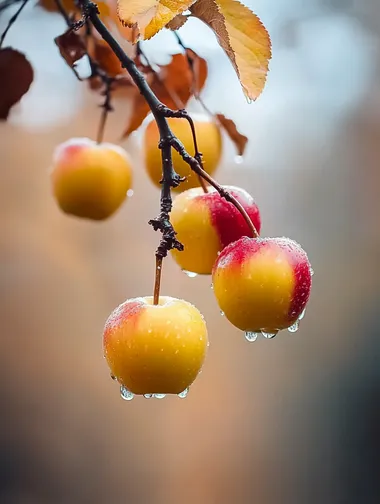 In the rain, autumn, apples are ripe, a few apples hang upside down from the branches, yellowing small leaves, crystal clear small dew, soft colors, large aperture, small depth of field, macro, soft light, woods blurred background, autumn, apples are ripe, a few apples hang upside down from the branches, yellowing small leaves, crystal clear small dew, soft colors, large aperture, small depth of field, macro, soft light, woods blurred background, autumn, apples are ripe, a few apples hang upside down from the branches, yellowing small leaves, crystal clear small dew, soft colors, large aperture, small depth of field, macro, soft light, woods blurred background      --cw 100