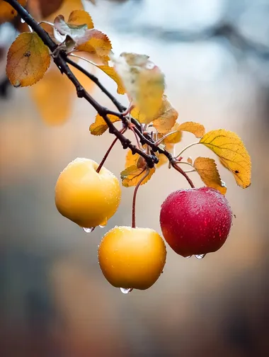 In the rain, autumn, apples are ripe, a few apples hang upside down from the branches, yellowing small leaves, crystal clear small dew, soft colors, large aperture, small depth of field, macro, soft light, woods blurred background, autumn, apples are ripe, a few apples hang upside down from the branches, yellowing small leaves, crystal clear small dew, soft colors, large aperture, small depth of field, macro, soft light, woods blurred background, autumn, apples are ripe, a few apples hang upside down from the branches, yellowing small leaves, crystal clear small dew, soft colors, large aperture, small depth of field, macro, soft light, woods blurred background      --cw 100