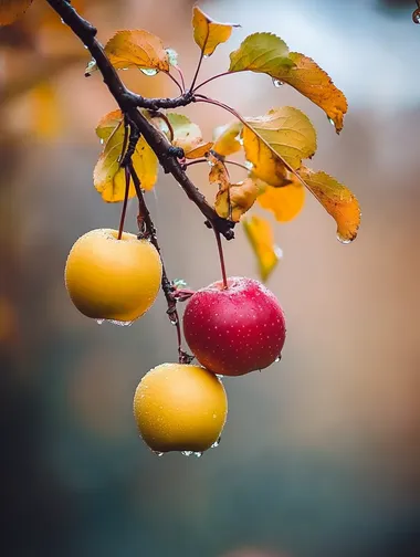 In the rain, autumn, apples are ripe, a few apples hang upside down from the branches, yellowing small leaves, crystal clear small dew, soft colors, large aperture, small depth of field, macro, soft light, woods blurred background, autumn, apples are ripe, a few apples hang upside down from the branches, yellowing small leaves, crystal clear small dew, soft colors, large aperture, small depth of field, macro, soft light, woods blurred background, autumn, apples are ripe, a few apples hang upside down from the branches, yellowing small leaves, crystal clear small dew, soft colors, large aperture, small depth of field, macro, soft light, woods blurred background      --cw 100