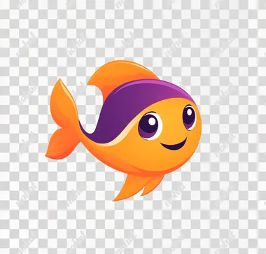 Logo design, cute little fish character, orange and purple color scheme, white background, simple style, flat vector graphics with rounded corners, simple lines, solid colors, white space around the edge of characters, Pixar cartoon animation style, Pixar cartoon illustration, bright colors, high resolution, high quality, high detail, best picture quality, best rendering effect. The overall composition is very clean without any other elements or textures. White background. c4d. OC renderer. 3D rendering.