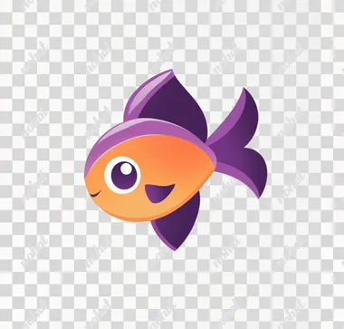 Logo design, cute little fish character, orange and purple color scheme, white background, simple style, flat vector graphics with rounded corners, simple lines, solid colors, white space around the edge of characters, Pixar cartoon animation style, Pixar cartoon illustration, bright colors, high resolution, high quality, high detail, best picture quality, best rendering effect. The overall composition is very clean without any other elements or textures. White background. c4d. OC renderer. 3D rendering.