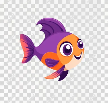 Logo design, cute little fish character, orange and purple color scheme, white background, simple style, flat vector graphics with rounded corners, simple lines, solid colors, white space around the edge of characters, Pixar cartoon animation style, Pixar cartoon illustration, bright colors, high resolution, high quality, high detail, best picture quality, best rendering effect. The overall composition is very clean without any other elements or textures. White background. c4d. OC renderer. 3D rendering.