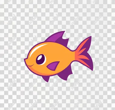 Logo design, cute little fish character, orange and purple color scheme, white background, simple style, flat vector graphics with rounded corners, simple lines, solid colors, white space around the edge of characters, Pixar cartoon animation style, Pixar cartoon illustration, bright colors, high resolution, high quality, high detail, best picture quality, best rendering effect. The overall composition is very clean without any other elements or textures. White background. c4d. OC renderer. 3D rendering.