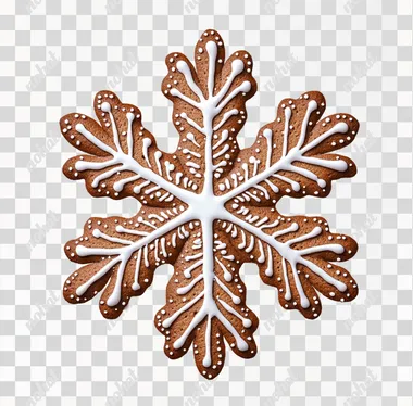 Gingerbread snowflake in brown color isolated on a white background, detailed illustration, high-resolution photography, professional photograph, natural lighting, simple composition, sharp focus, stock photo.