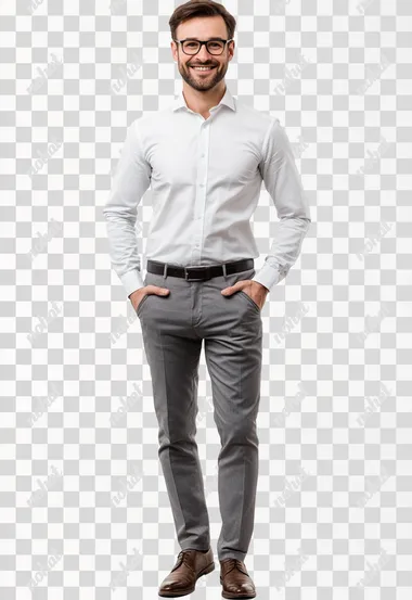 Photorealisitc long-shot of a german male employee, 40 years old, wearing business casual clothes, facing the camera, positive and friendly expression, smiling happily at the camera, detailed studio lighting, pure white background, professional photography, 8k, photorealistic details on face and hands, front-facing view