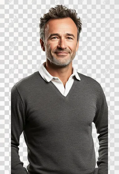 Photorealisitc long-shot of a german male employee, 40 years old, wearing business casual clothes, facing the camera, positive and friendly expression, smiling happily at the camera, detailed studio lighting, pure white background, professional photography, 8k, photorealistic details on face and hands, front-facing view