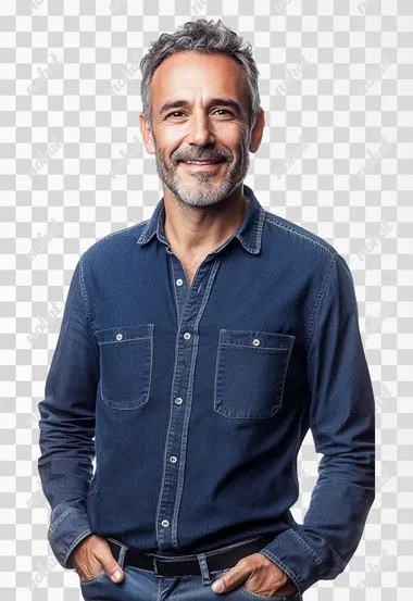 Photorealisitc long-shot of a german male employee, 40 years old, wearing business casual clothes, facing the camera, positive and friendly expression, smiling happily at the camera, detailed studio lighting, pure white background, professional photography, 8k, photorealistic details on face and hands, front-facing view