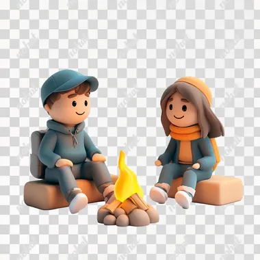 3d illustration of two people, a young guy and a girl at a campsite, they are sitting by the fire, a camping tent is installed behind them, minimalist 3d illustration style, corporate 3d illustration, white background, 4k, 3d render, rich colors