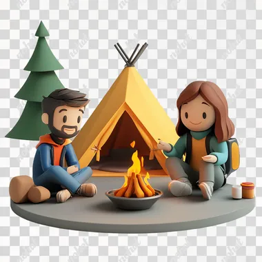 3d illustration of two people, a young guy and a girl at a campsite, they are sitting by the fire, a camping tent is installed behind them, minimalist 3d illustration style, corporate 3d illustration, white background, 4k, 3d render, rich colors