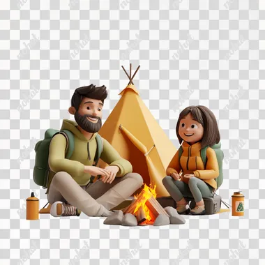 3d illustration of two people, a young guy and a girl at a campsite, they are sitting by the fire, a camping tent is installed behind them, minimalist 3d illustration style, corporate 3d illustration, white background, 4k, 3d render, rich colors