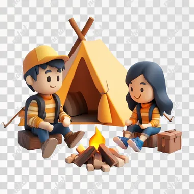 3d illustration of two people, a young guy and a girl at a campsite, they are sitting by the fire, a camping tent is installed behind them, minimalist 3d illustration style, corporate 3d illustration, white background, 4k, 3d render, rich colors