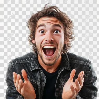 very excited pretty man, studio style, white background