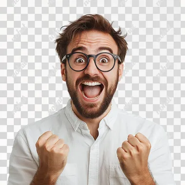 very excited pretty man, studio style, white background