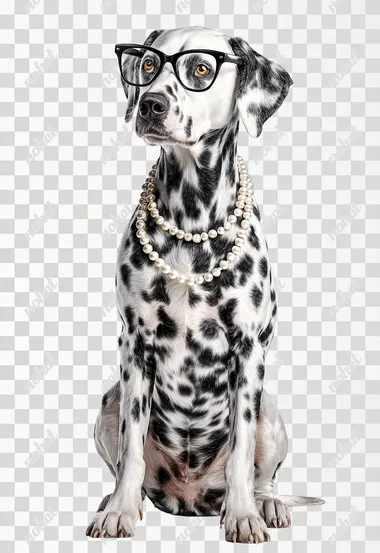 Photorealistic Dalmatian dog, sitting upright and facing forward, wearing stylish triangular-shaped fashion glasses, adorned with a single strand of lustrous pearl necklace around its neck. Detailed fur texture, sharp focus on the eyes and glasses, soft studio lighting, clean white background, 4k, ultra-detailed, professional animal photography.   --raw