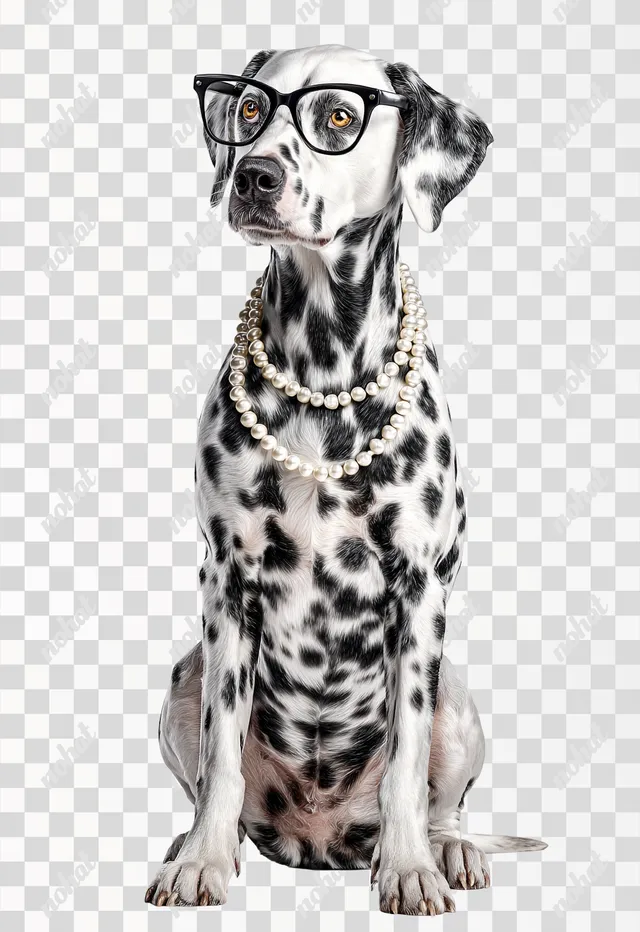 PNG Fashionable Dalmatian Dog in Pearls and Glasses