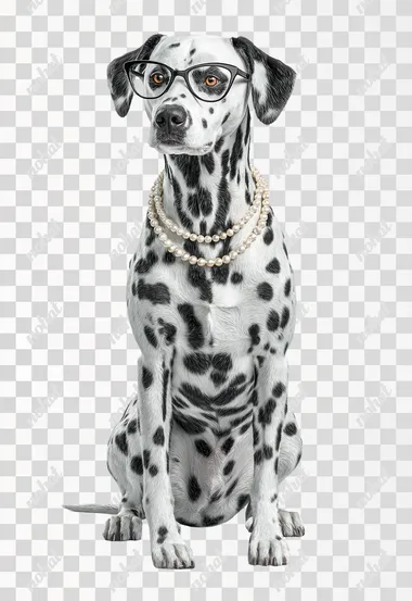 Photorealistic Dalmatian dog, sitting upright and facing forward, wearing stylish triangular-shaped fashion glasses, adorned with a single strand of lustrous pearl necklace around its neck. Detailed fur texture, sharp focus on the eyes and glasses, soft studio lighting, clean white background, 4k, ultra-detailed, professional animal photography.   --raw