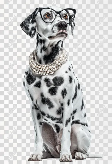 Photorealistic Dalmatian dog, sitting upright and facing forward, wearing stylish triangular-shaped fashion glasses, adorned with a single strand of lustrous pearl necklace around its neck. Detailed fur texture, sharp focus on the eyes and glasses, soft studio lighting, clean white background, 4k, ultra-detailed, professional animal photography.   --raw
