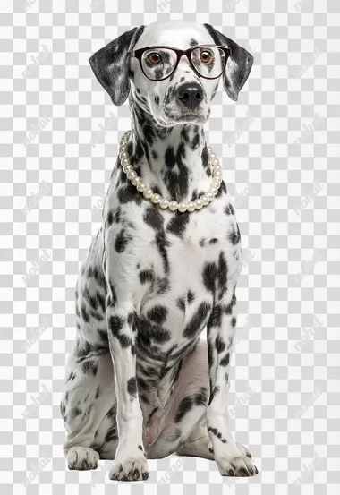 Photorealistic Dalmatian dog, sitting upright and facing forward, wearing stylish triangular-shaped fashion glasses, adorned with a single strand of lustrous pearl necklace around its neck. Detailed fur texture, sharp focus on the eyes and glasses, soft studio lighting, clean white background, 4k, ultra-detailed, professional animal photography.   --raw