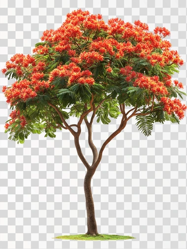 photo of an big irregular flamboyant tree with fern like leaves and bright red flowers leaning on the right , isolated on a white background