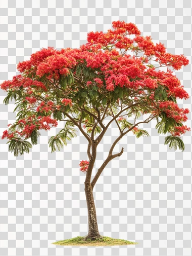 photo of an big irregular flamboyant tree with fern like leaves and bright red flowers leaning on the right , isolated on a white background