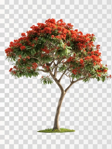 photo of an big irregular flamboyant tree with fern like leaves and bright red flowers leaning on the right , isolated on a white background