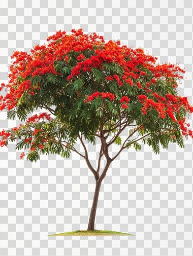 photo of an big irregular flamboyant tree with fern like leaves and bright red flowers leaning on the right , isolated on a white background