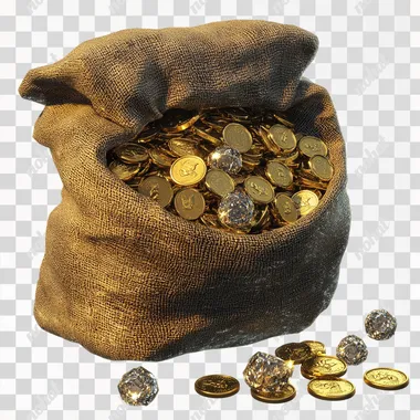 a sack filled with gold coins and diamonds, 3d video game aesthetics, epic fantasy, 100% white background
