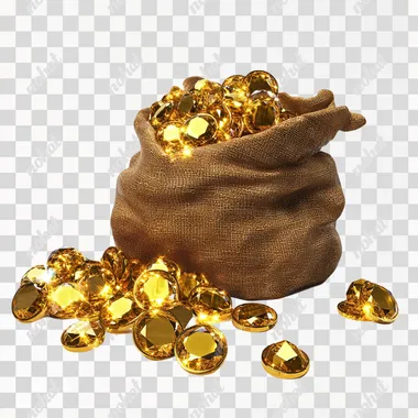 a sack filled with gold coins and diamonds, 3d video game aesthetics, epic fantasy, 100% white background
