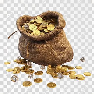 a sack filled with gold coins and diamonds, 3d video game aesthetics, epic fantasy, 100% white background
