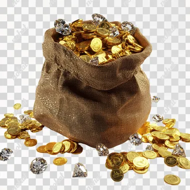 a sack filled with gold coins and diamonds, 3d video game aesthetics, epic fantasy, 100% white background