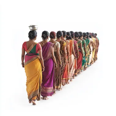 a Full length clean single shot of a tamil small female crowd in saree marching with milk pot in head in line as group seen from back white background