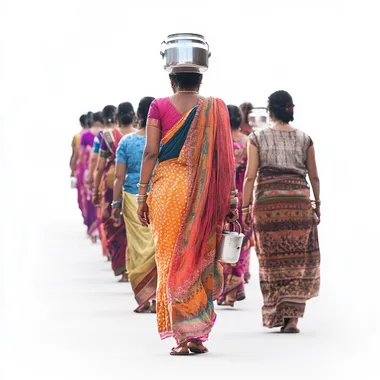 a Full length clean single shot of a tamil small female crowd in saree marching with milk pot in head in line as group seen from back white background