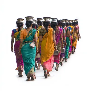a Full length clean single shot of a tamil small female crowd in saree marching with milk pot in head in line as group seen from back white background
