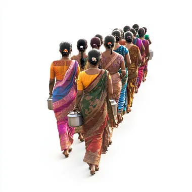 a Full length clean single shot of a tamil small female crowd in saree marching with milk pot in head in line as group seen from back white background