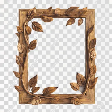 The wooden frame is adorned with a delicate relief of small leaves, which gently wind along the edge. The leaves are carved with fine details, giving the frame an elegant and subtle appearance. The surface of the wood is smooth, but the relief adds depth and texture. Inside, there is a plain white canvas. Studio photography on a white background. Hyper-realistic.