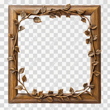 The wooden frame is adorned with a delicate relief of small leaves, which gently wind along the edge. The leaves are carved with fine details, giving the frame an elegant and subtle appearance. The surface of the wood is smooth, but the relief adds depth and texture. Inside, there is a plain white canvas. Studio photography on a white background. Hyper-realistic.