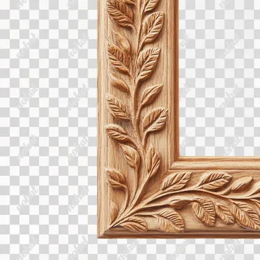The wooden frame is adorned with a delicate relief of small leaves, which gently wind along the edge. The leaves are carved with fine details, giving the frame an elegant and subtle appearance. The surface of the wood is smooth, but the relief adds depth and texture. Inside, there is a plain white canvas. Studio photography on a white background. Hyper-realistic.