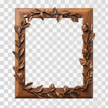 The wooden frame is adorned with a delicate relief of small leaves, which gently wind along the edge. The leaves are carved with fine details, giving the frame an elegant and subtle appearance. The surface of the wood is smooth, but the relief adds depth and texture. Inside, there is a plain white canvas. Studio photography on a white background. Hyper-realistic.