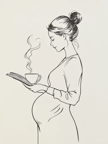 A minimalist line drawing of a pregnant woman's upper body in side profile, standing in soft sunlight. She holds an open book in one hand and a steaming teacup in the other, with clean contour lines emphasizing her rounded belly. The background is a solid warm white tone, creating stark contrast with the black ink-style illustration. The composition radiates serenity through the combination of intellectual (book), nurturing (tea), and maternal elements, rendered in delicate single-line art style with subtle shading under the chin curve
