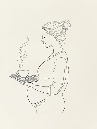 A minimalist line drawing of a pregnant woman's upper body in side profile, standing in soft sunlight. She holds an open book in one hand and a steaming teacup in the other, with clean contour lines emphasizing her rounded belly. The background is a solid warm white tone, creating stark contrast with the black ink-style illustration. The composition radiates serenity through the combination of intellectual (book), nurturing (tea), and maternal elements, rendered in delicate single-line art style with subtle shading under the chin curve
