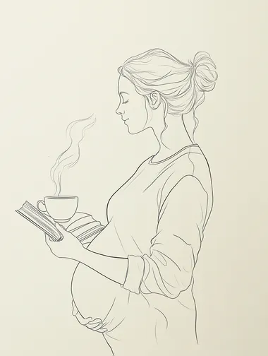 A minimalist line drawing of a pregnant woman's upper body in side profile, standing in soft sunlight. She holds an open book in one hand and a steaming teacup in the other, with clean contour lines emphasizing her rounded belly. The background is a solid warm white tone, creating stark contrast with the black ink-style illustration. The composition radiates serenity through the combination of intellectual (book), nurturing (tea), and maternal elements, rendered in delicate single-line art style with subtle shading under the chin curve